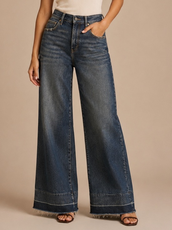 Risen Jeans Denim - RISEN High Rise Wide Leg Crop Jeans Size 13/31 Medium Wash Raw Hem